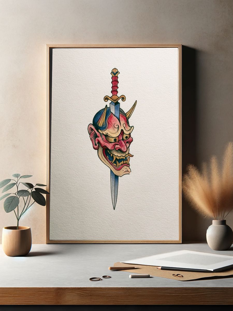 Samurai Demon Mask Illustration Poster. — room view 2