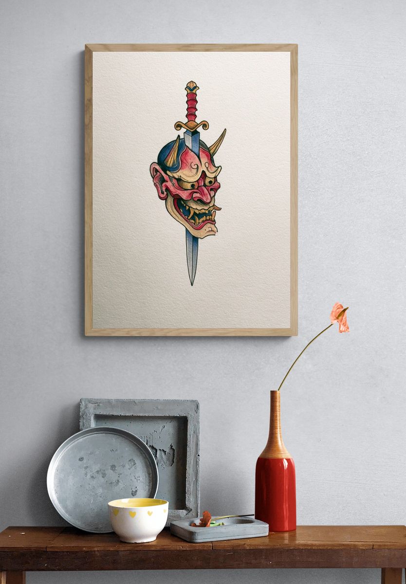 Samurai Demon Mask Illustration Poster. — room view 3