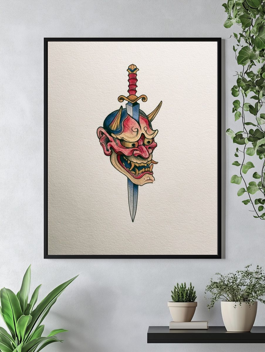 Samurai Demon Mask Illustration Poster. — room view 4