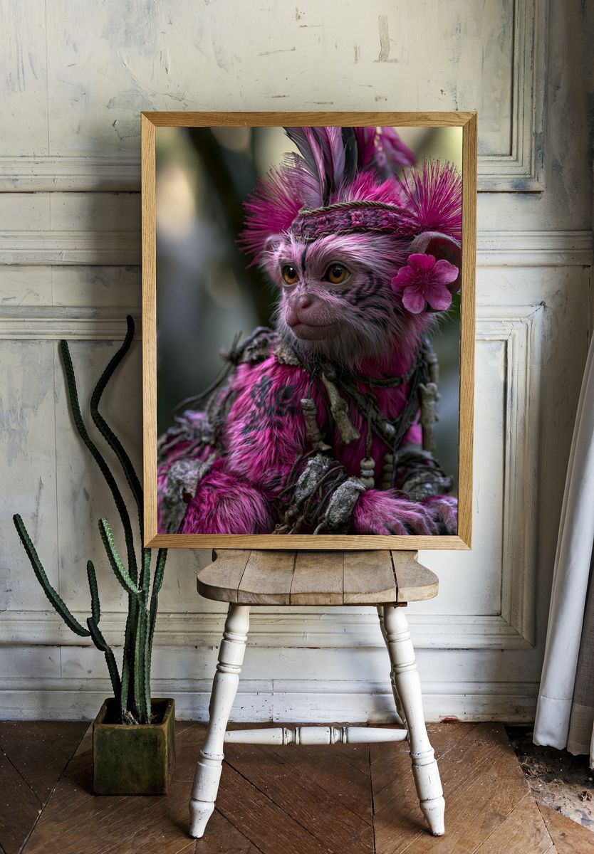 Pink Monkey Fantasy Illustration Poster. — room view 1
