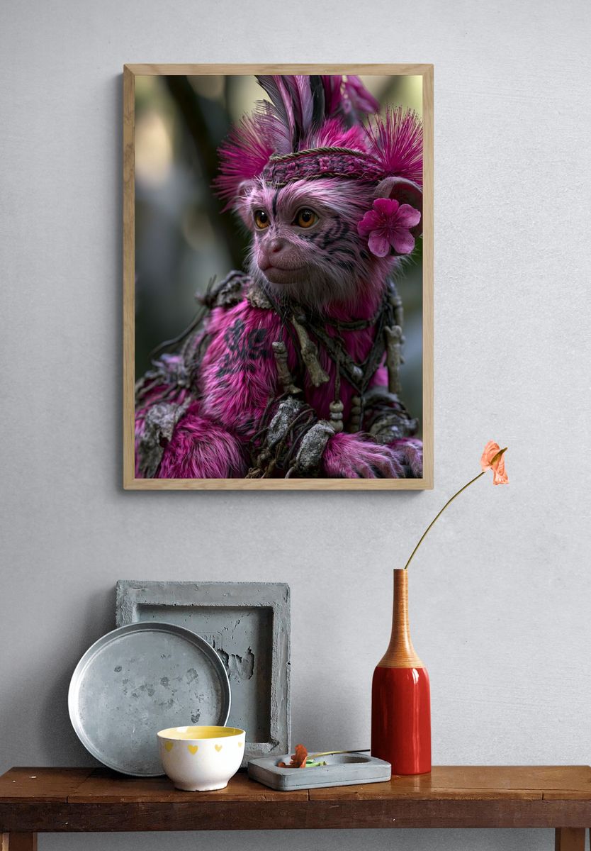 Pink Monkey Fantasy Illustration Poster. — room view 3