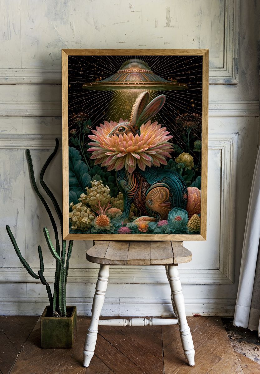 Cosmic Rabbit Bloom Illustration Poster. — room view 1