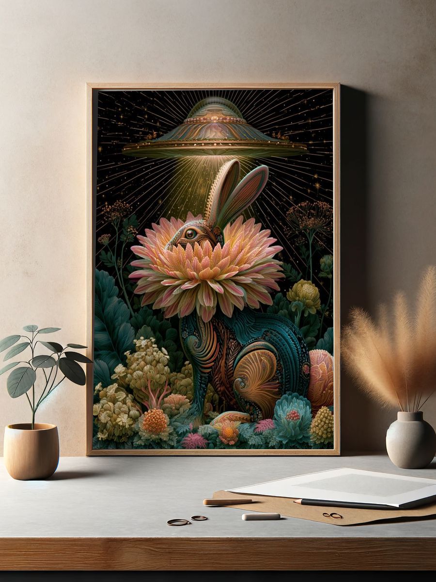 Cosmic Rabbit Bloom Illustration Poster. — room view 2