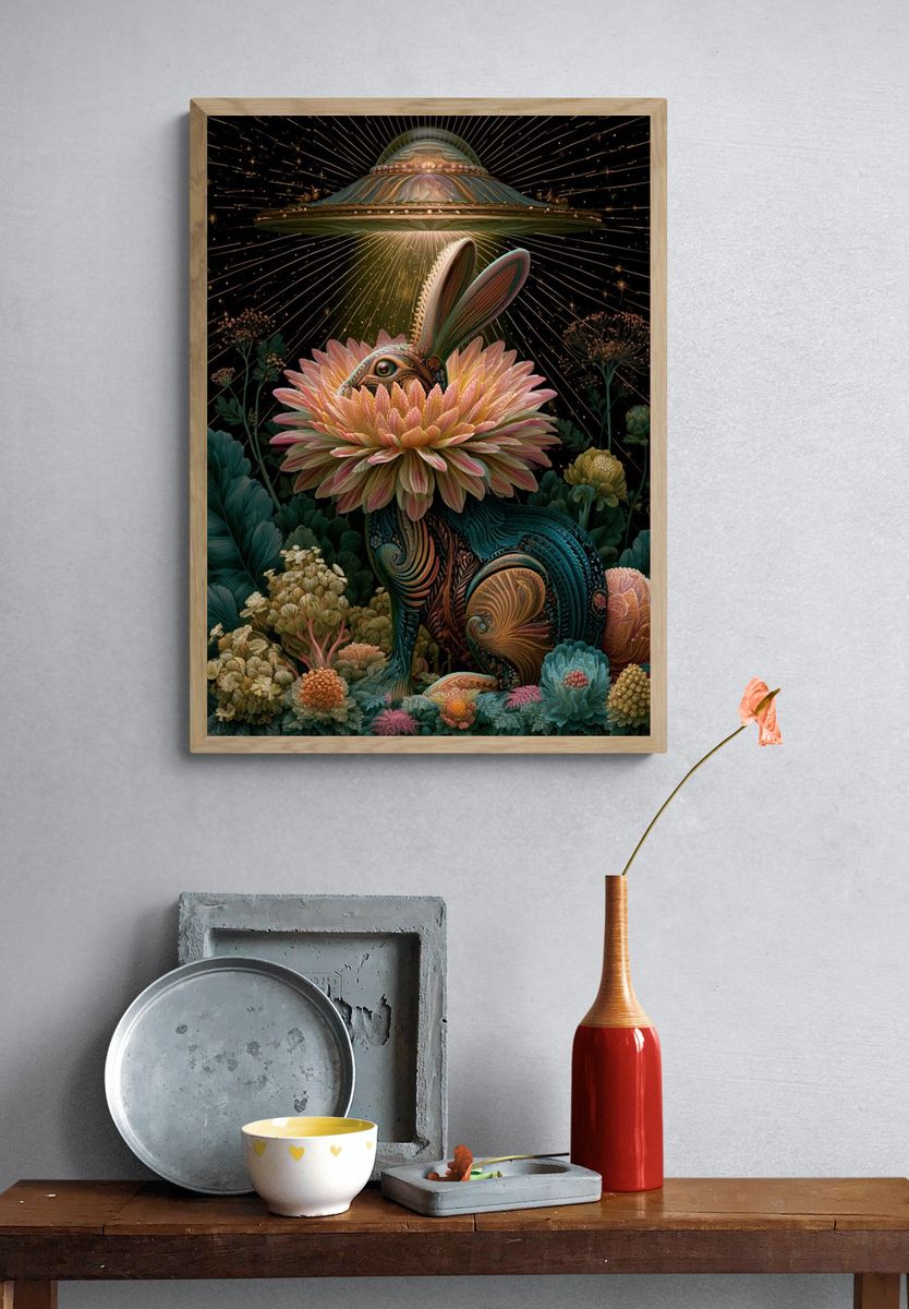Cosmic Rabbit Bloom Illustration Poster. — room view 3