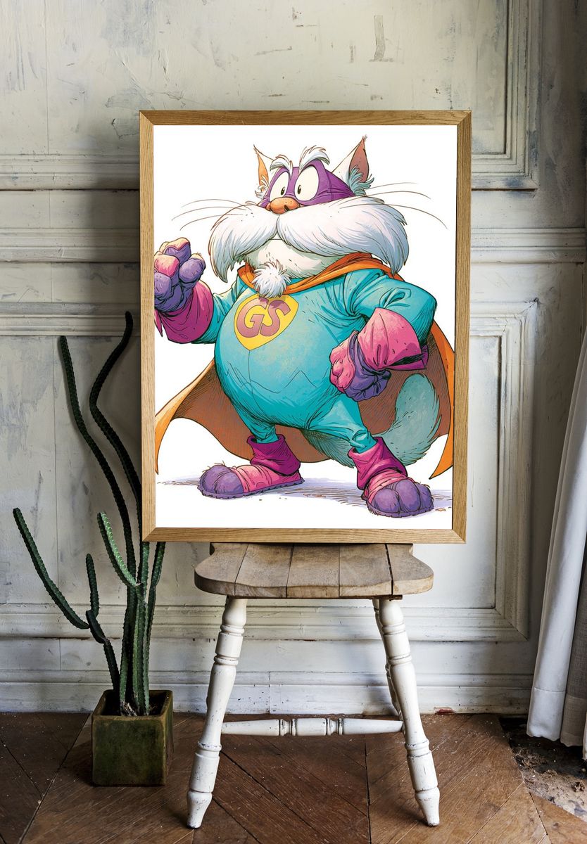 Superhero Cat Illustration Poster. — room view 1
