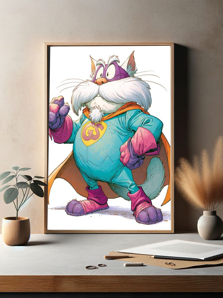 Superhero Cat Illustration Poster. — room view 2