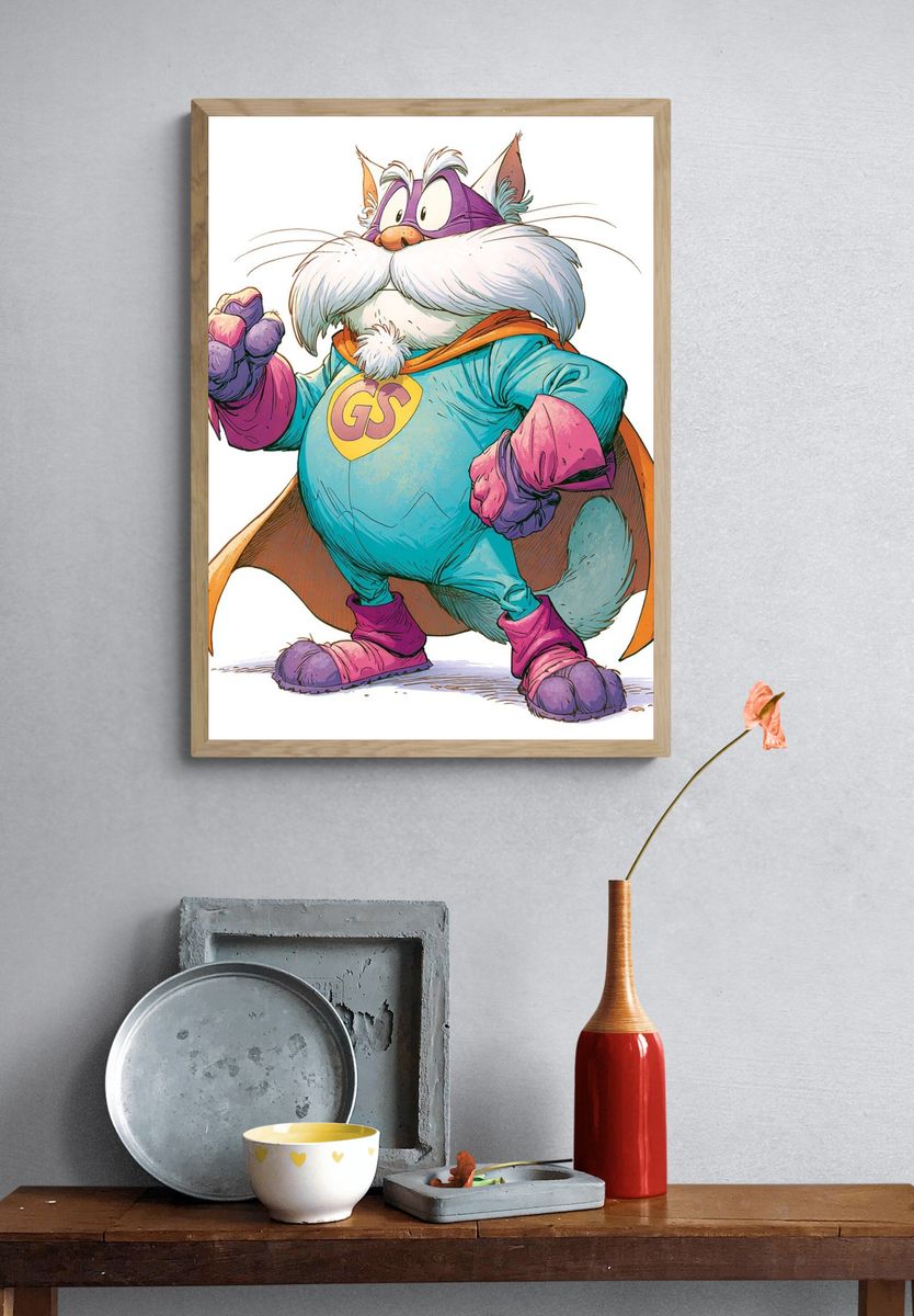 Superhero Cat Illustration Poster. — room view 3