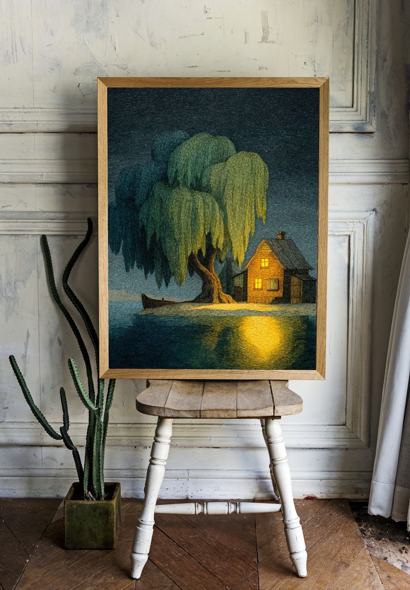 Moonlit Island Cottage Illustration Poster. — room view 1