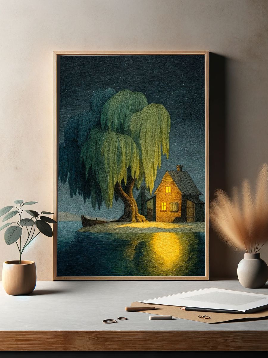 Moonlit Island Cottage Illustration Poster. — room view 2