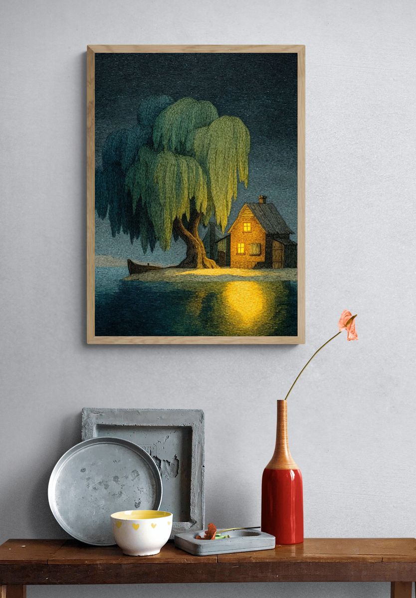 Moonlit Island Cottage Illustration Poster. — room view 3