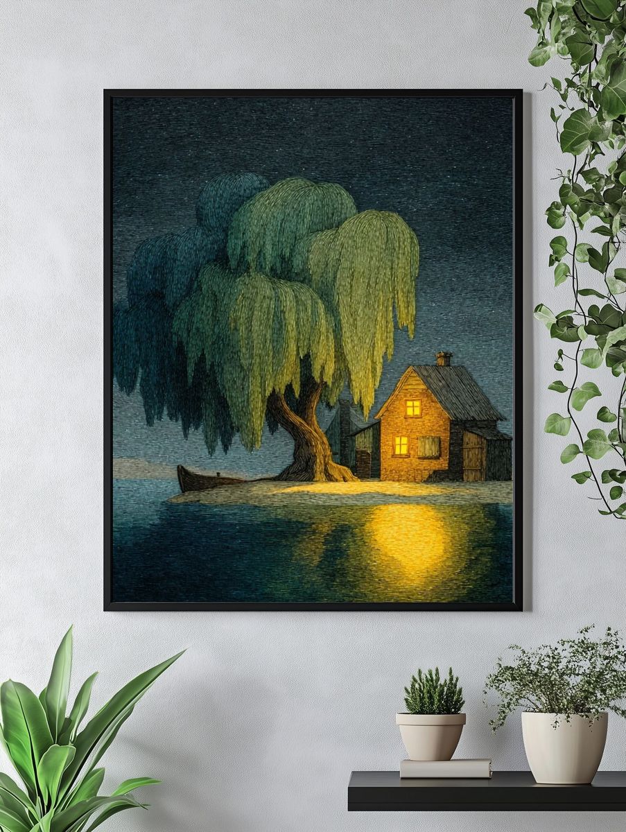 Moonlit Island Cottage Illustration Poster. — room view 4