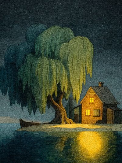 Moonlit Island Cottage Illustration Poster. poster print