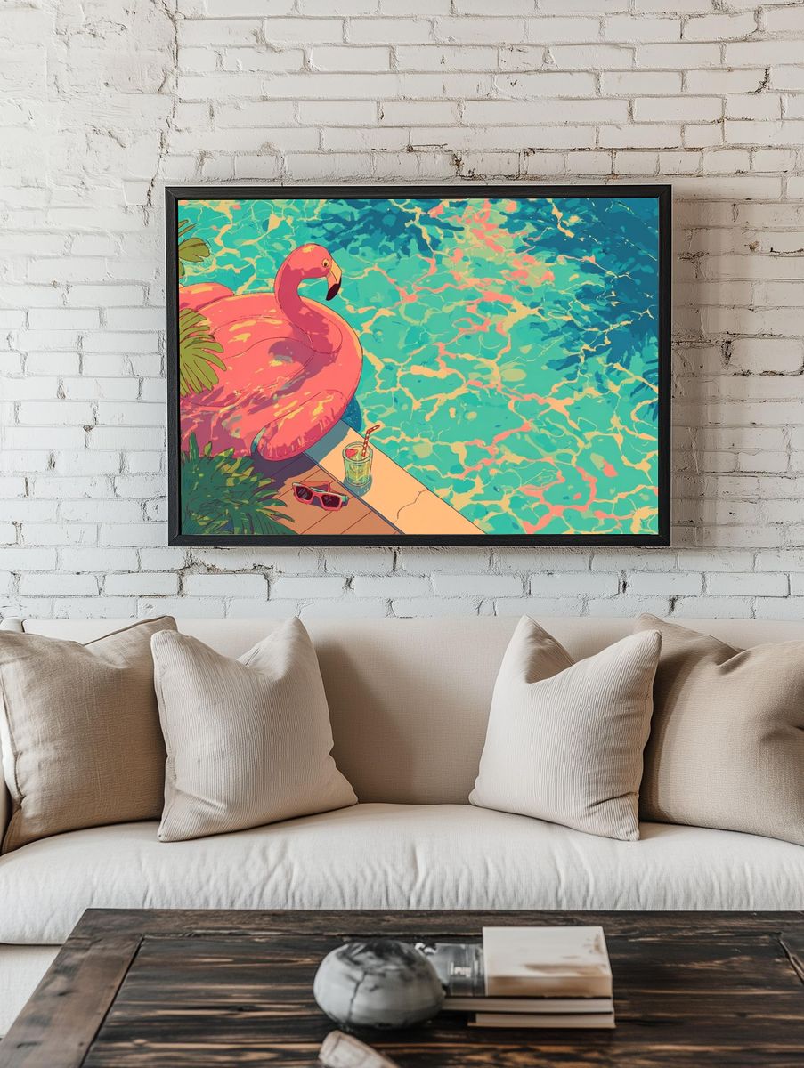 Pink Flamingo Poolside Illustration Poster. — room view 1