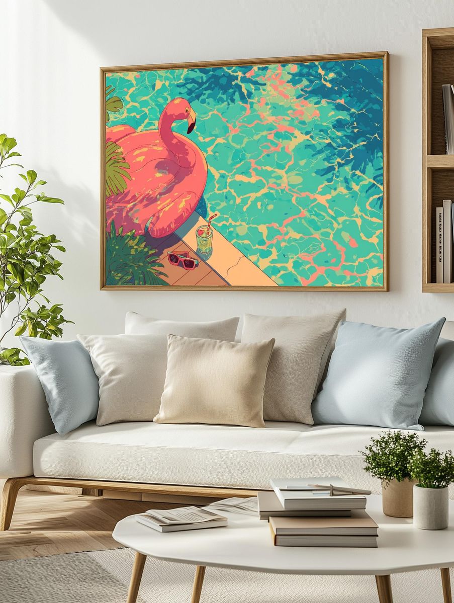 Pink Flamingo Poolside Illustration Poster. — room view 2