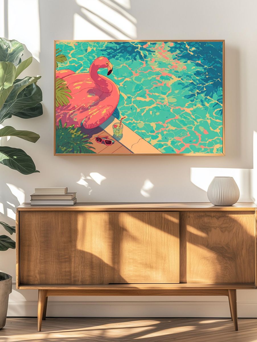 Pink Flamingo Poolside Illustration Poster. — room view 3