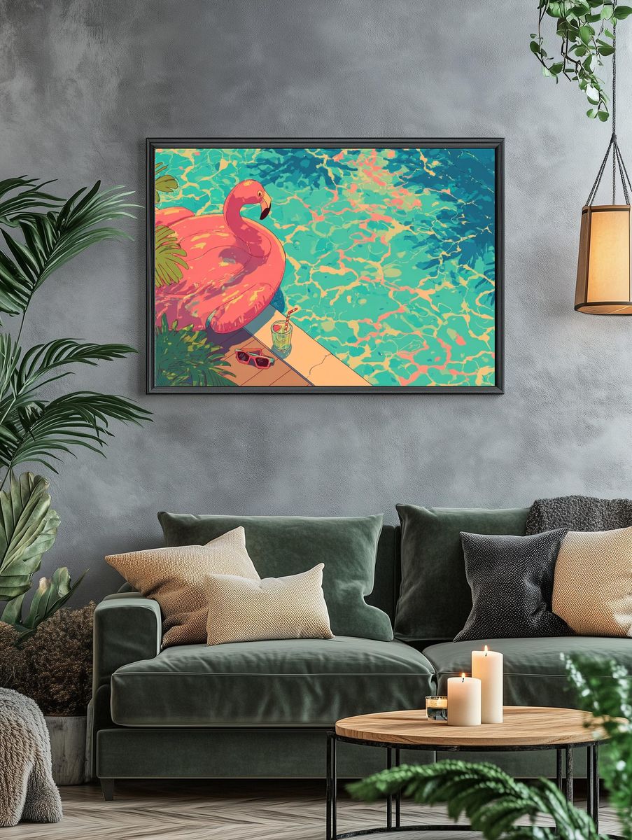 Pink Flamingo Poolside Illustration Poster. — room view 4