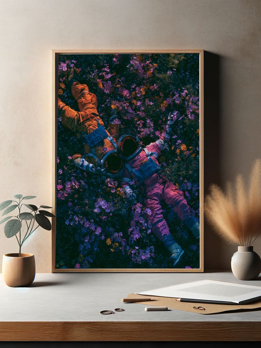 Astronaut in Flower Field Illustration Poster. — room view 2