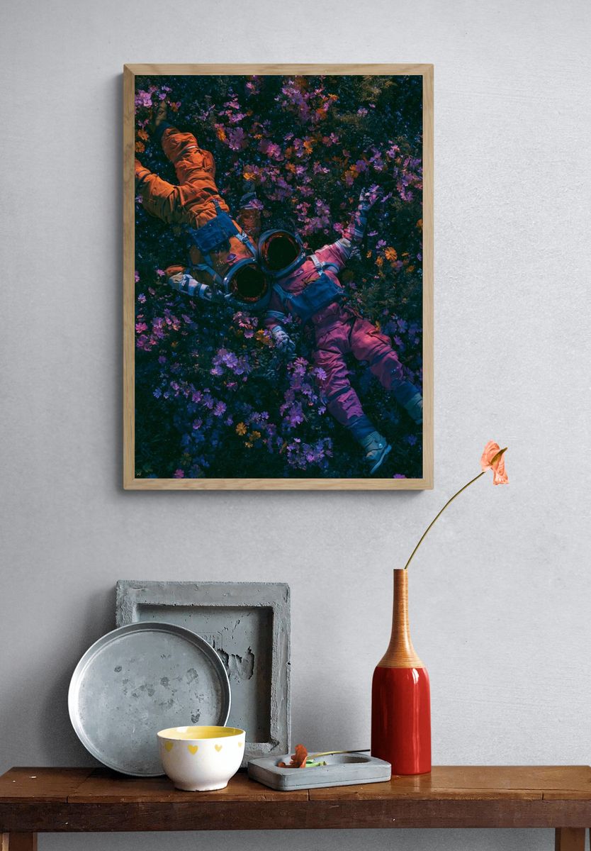 Astronaut in Flower Field Illustration Poster. — room view 3