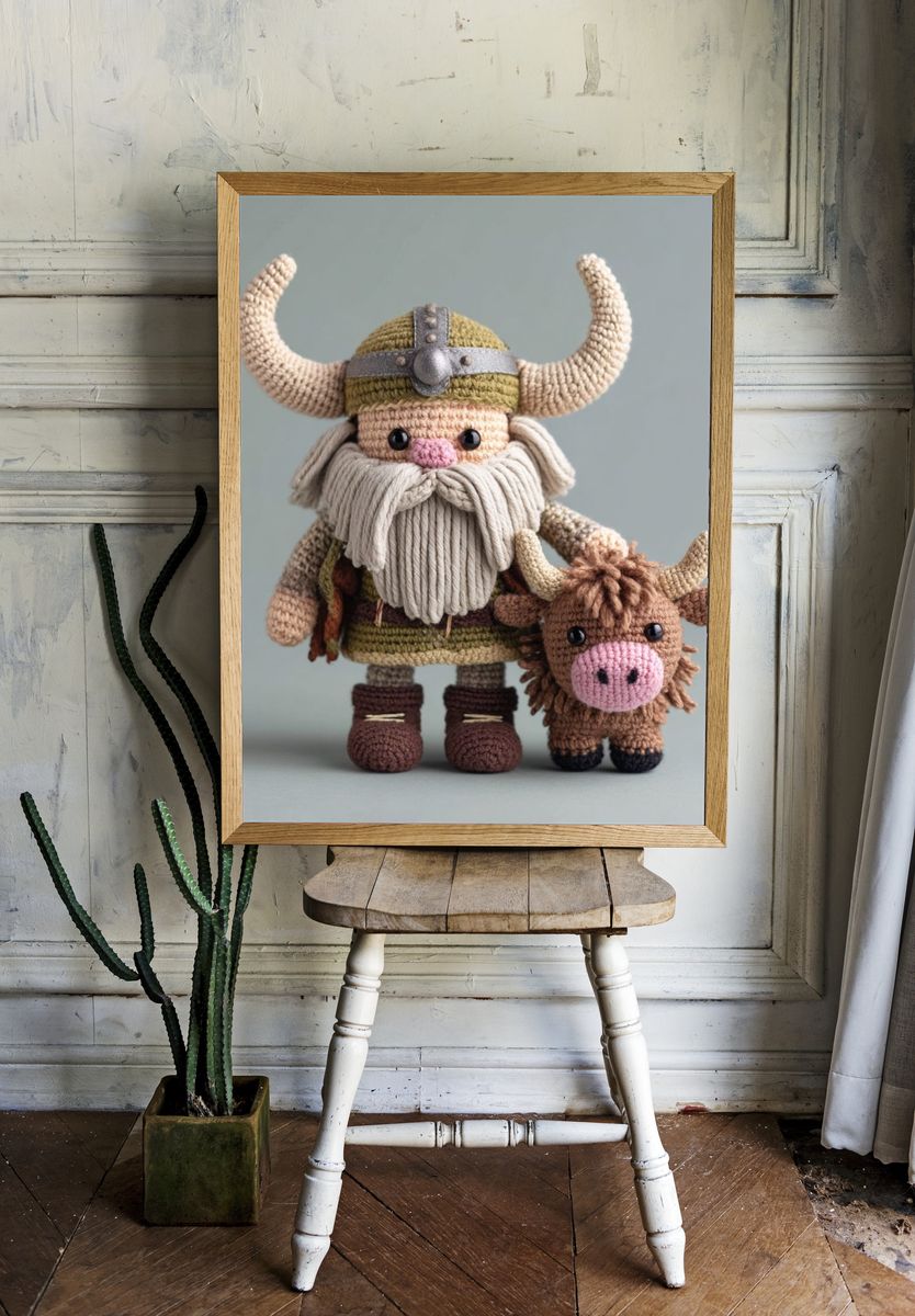Crocheted Viking Figurines Illustration Print. — room view 1