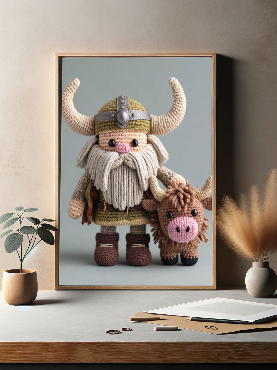 Crocheted Viking Figurines Illustration Print. — room view 2