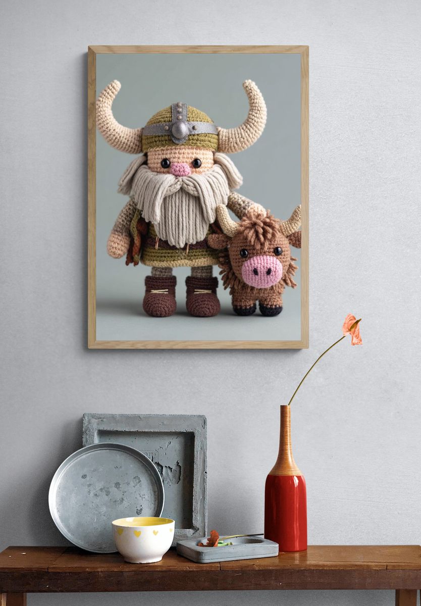 Crocheted Viking Figurines Illustration Print. — room view 3