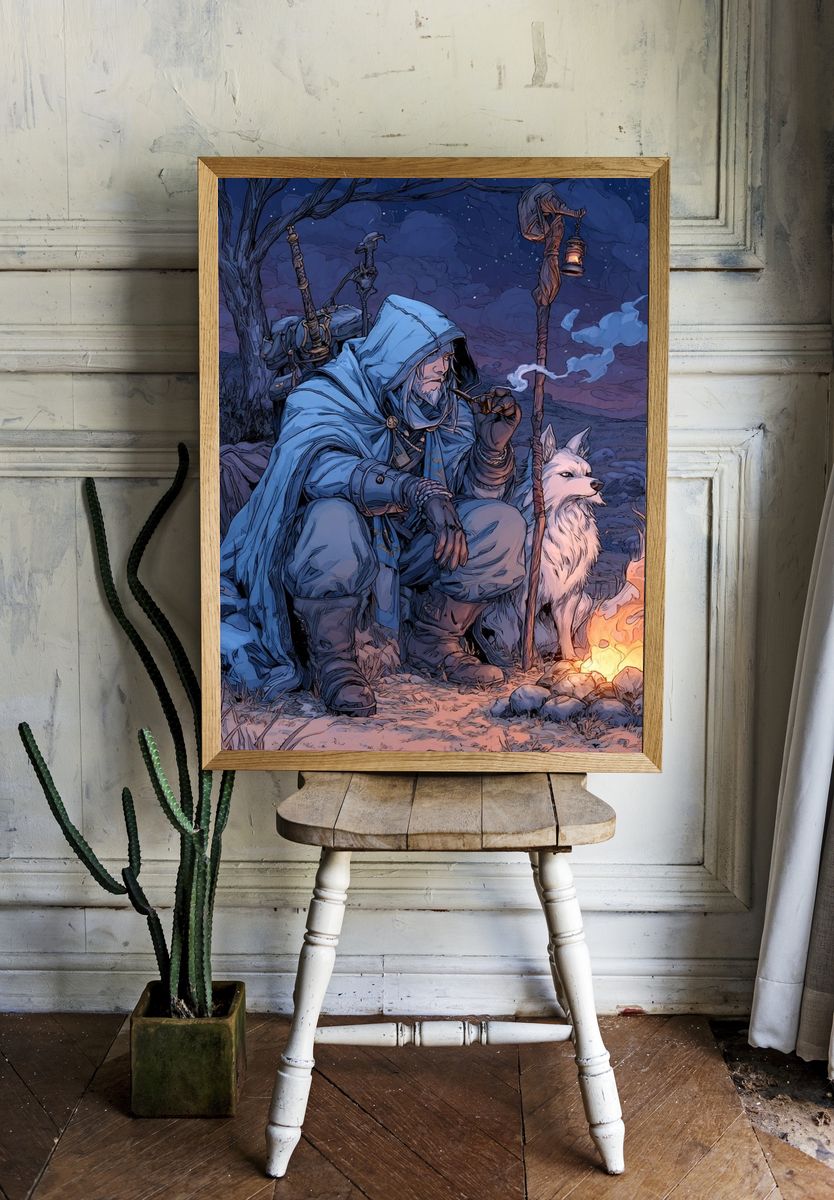 Moonlit Ranger and Wolf Fantasy Print. — room view 1