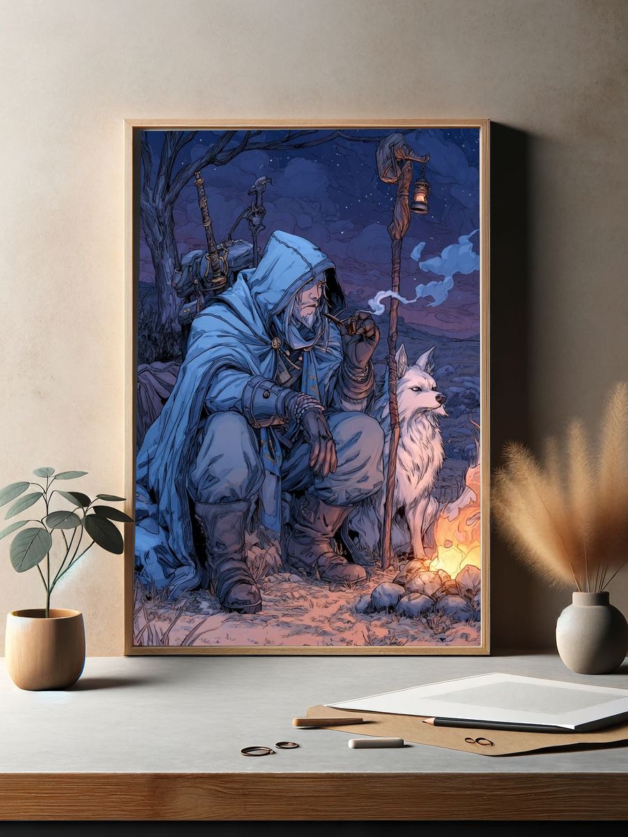 Moonlit Ranger and Wolf Fantasy Print. — room view 2
