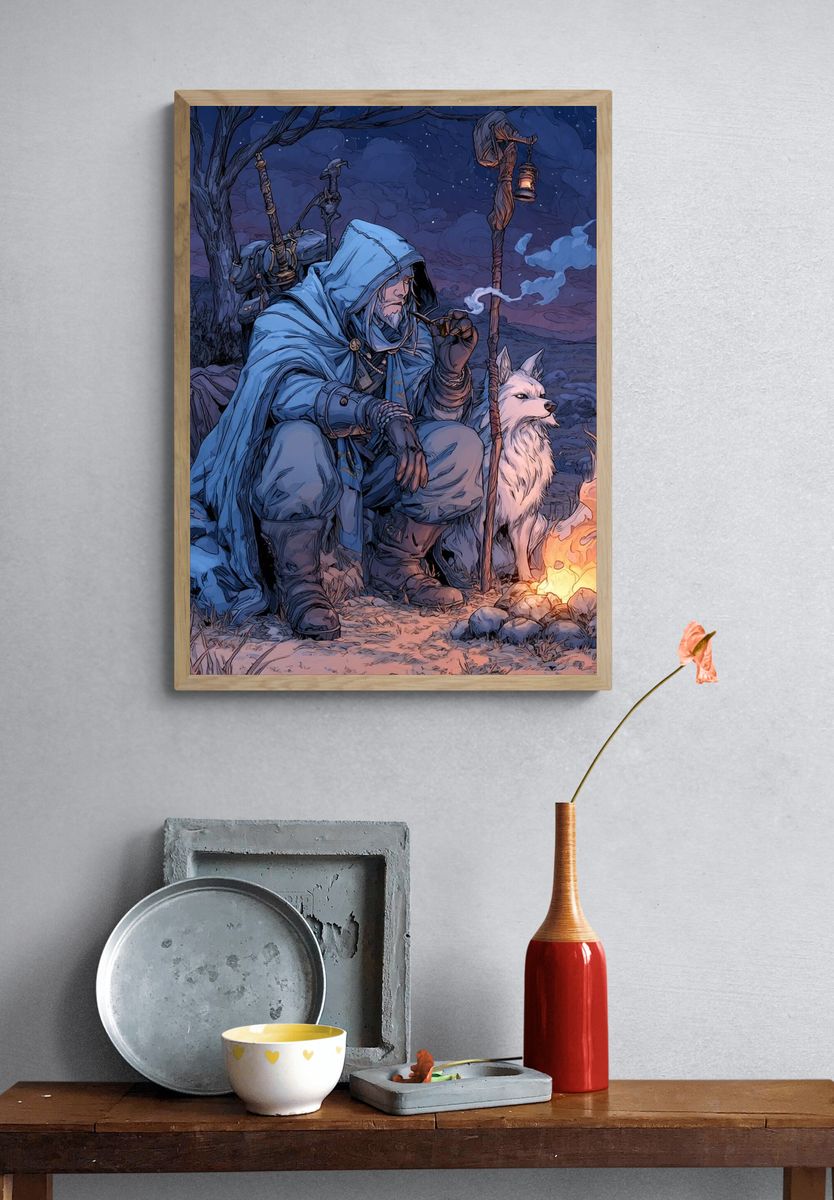 Moonlit Ranger and Wolf Fantasy Print. — room view 3