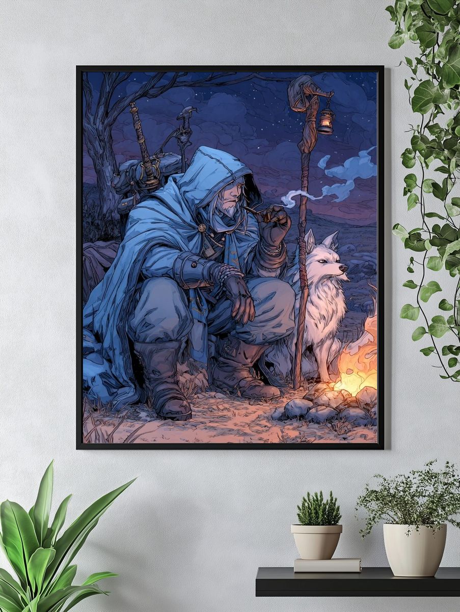 Moonlit Ranger and Wolf Fantasy Print. — room view 4