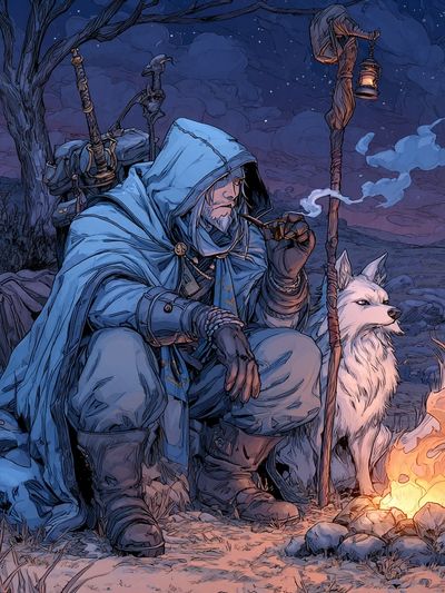 Moonlit Ranger and Wolf Fantasy Print. poster print