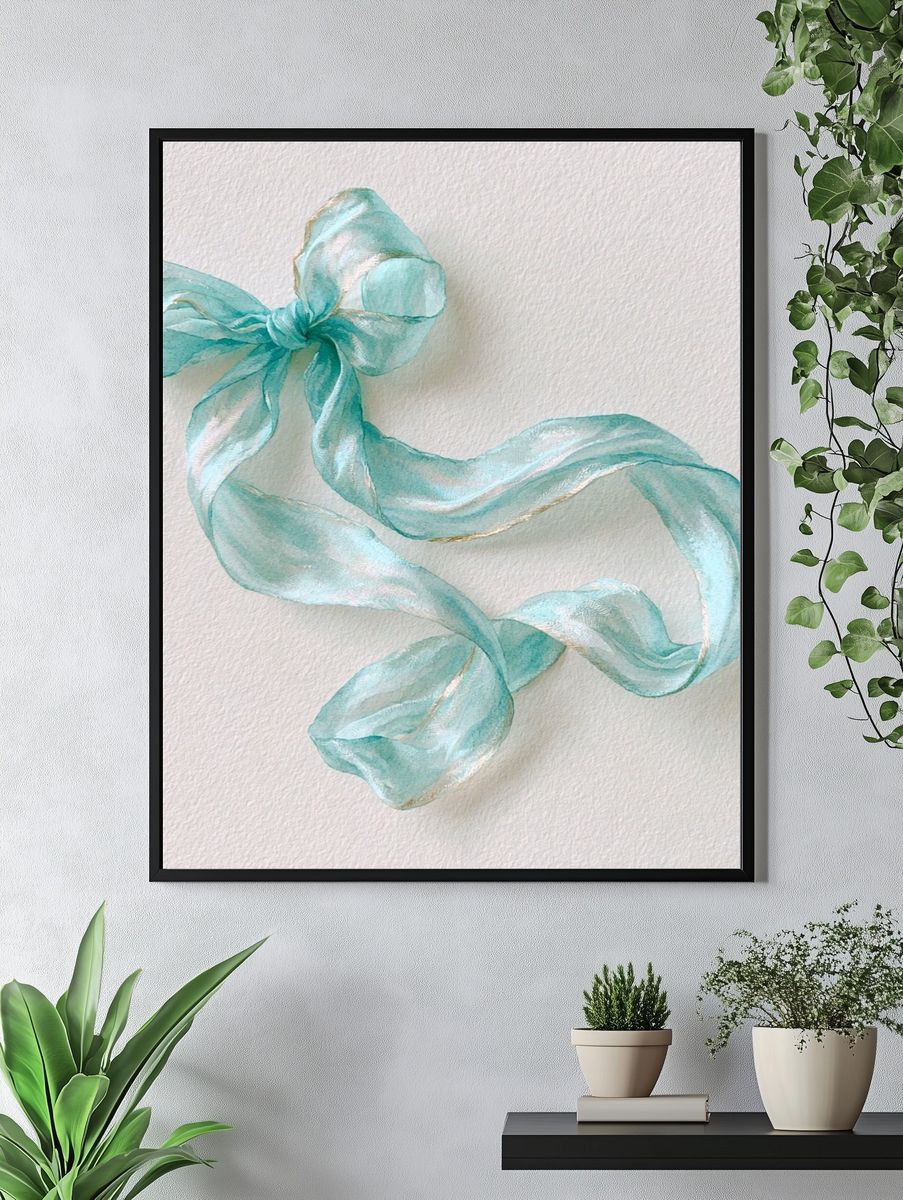 Aqua Ribbon Bow Illustration Poster. — room view 4