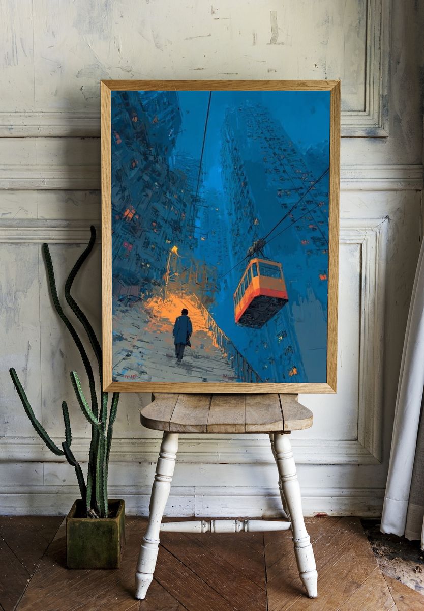 Blue City Stairway Digital Art Poster. — room view 1