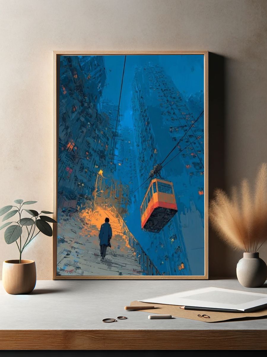 Blue City Stairway Digital Art Poster. — room view 2