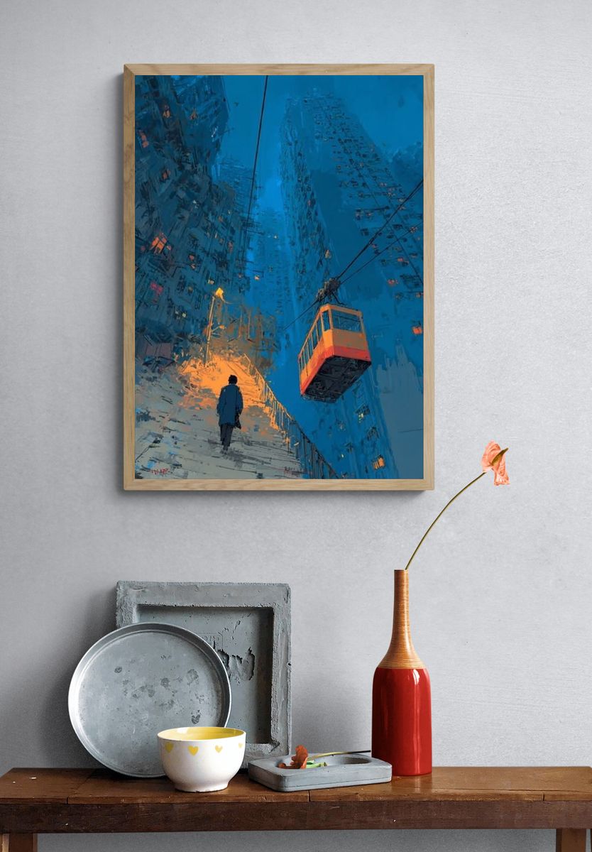 Blue City Stairway Digital Art Poster. — room view 3