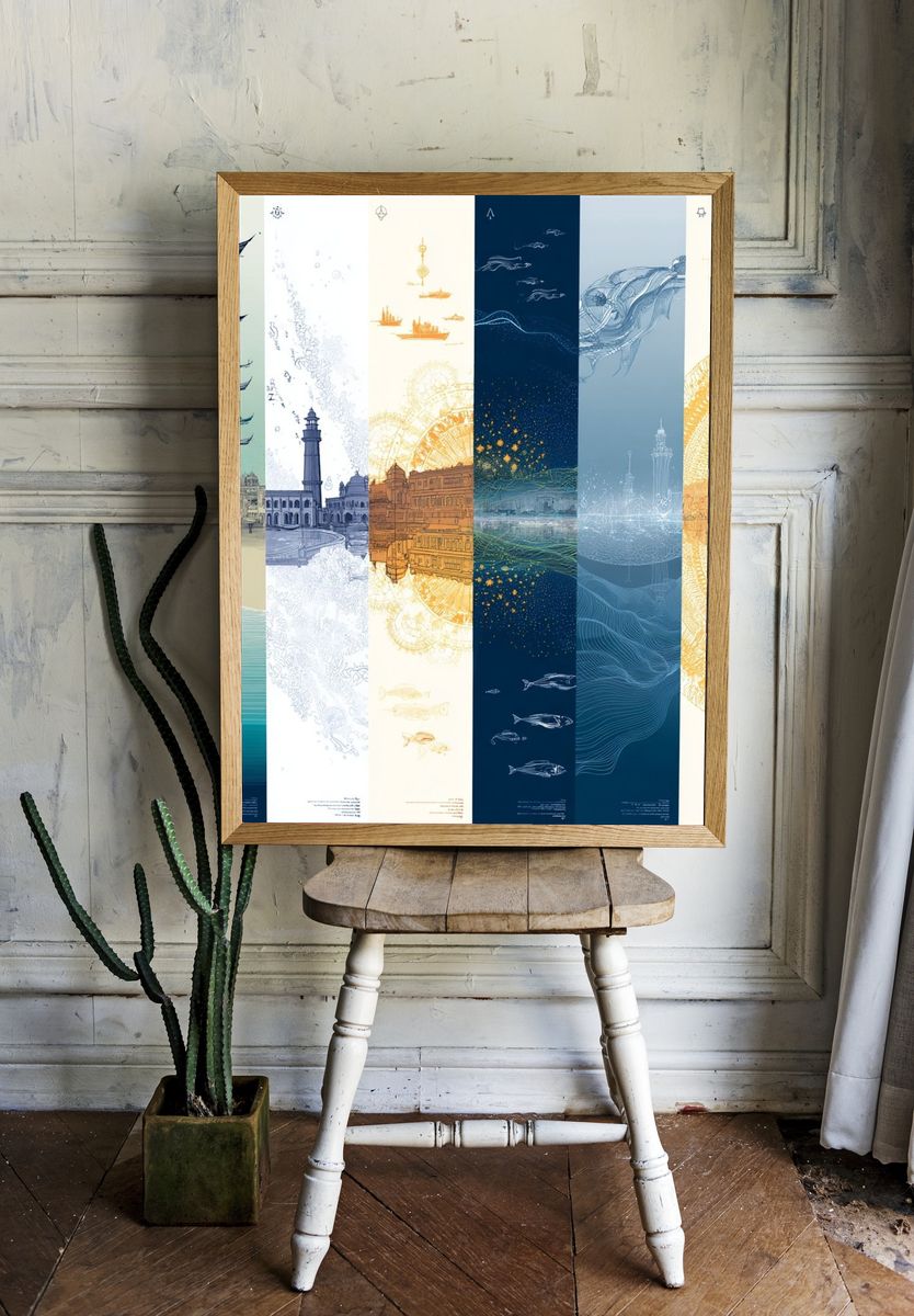 Ocean Cityscape Collage Print. — room view 1