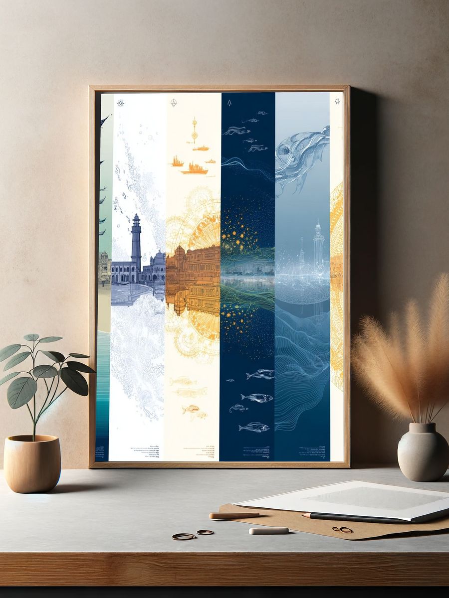 Ocean Cityscape Collage Print. — room view 2