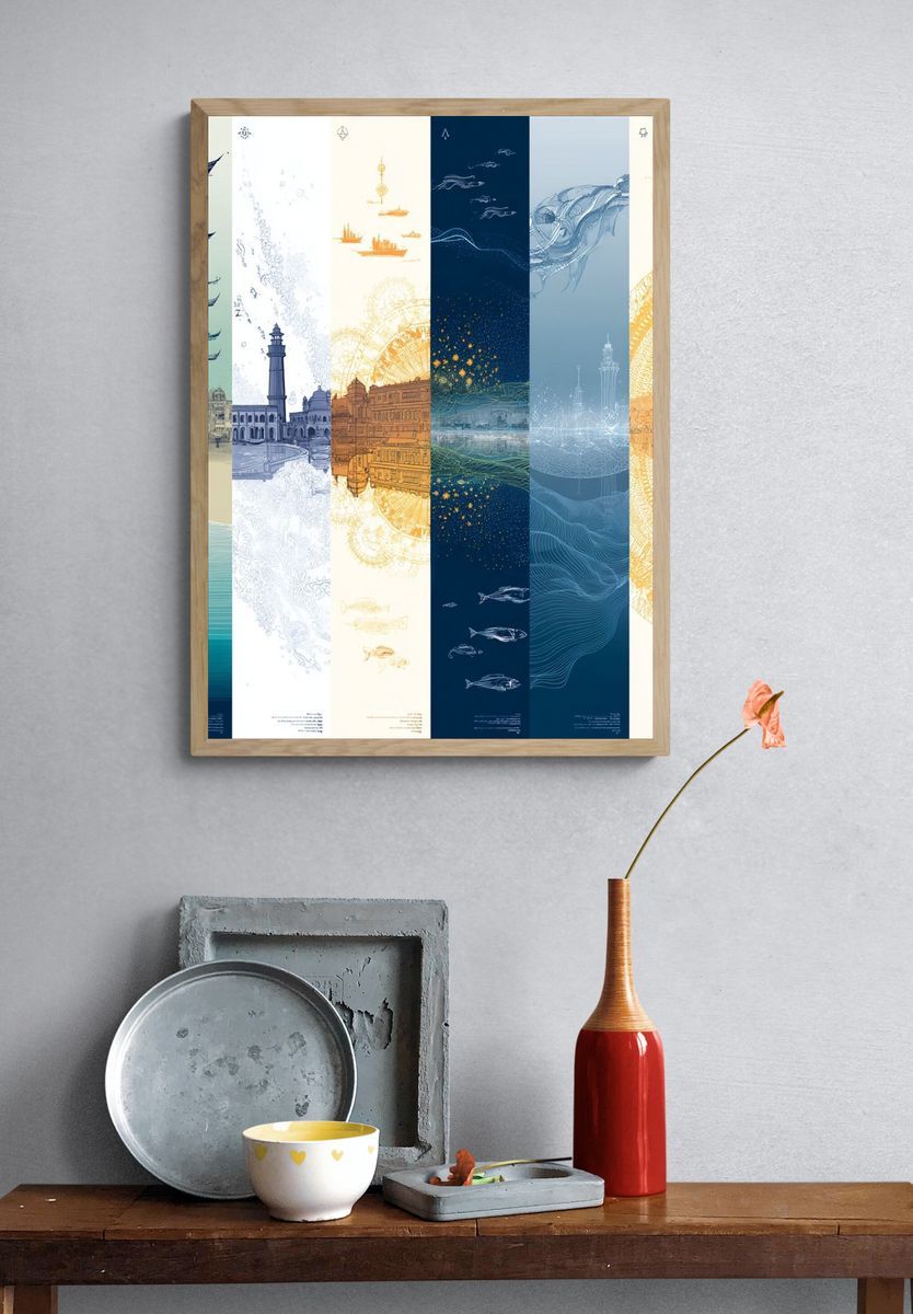 Ocean Cityscape Collage Print. — room view 3