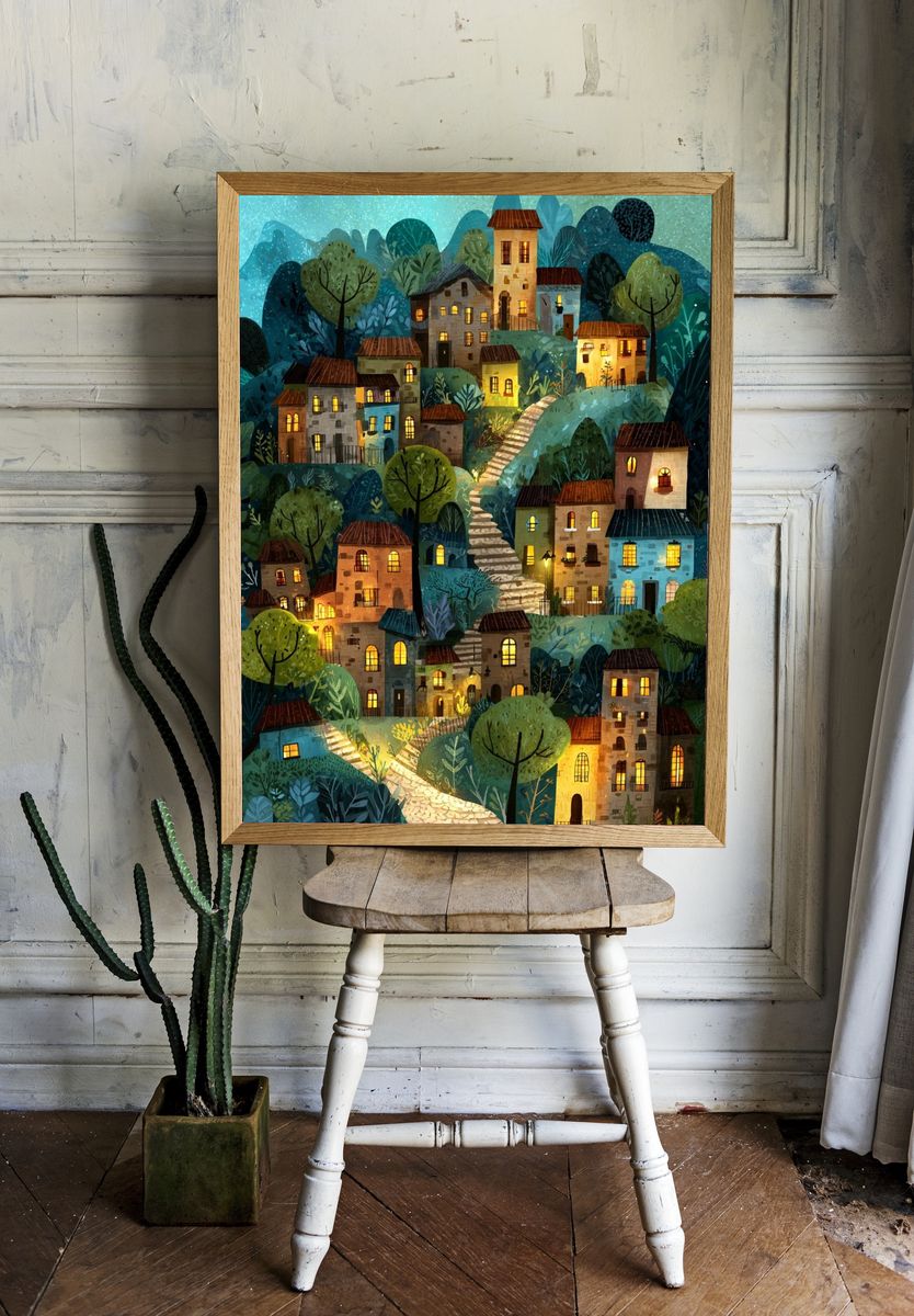 Moonlit Village Hillside Illustration Poster. — room view 1