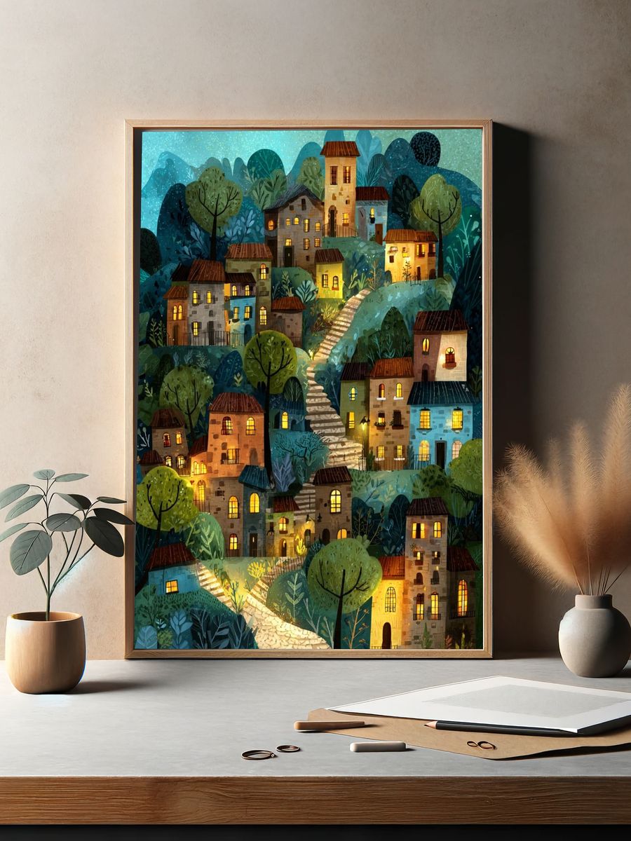 Moonlit Village Hillside Illustration Poster. — room view 2