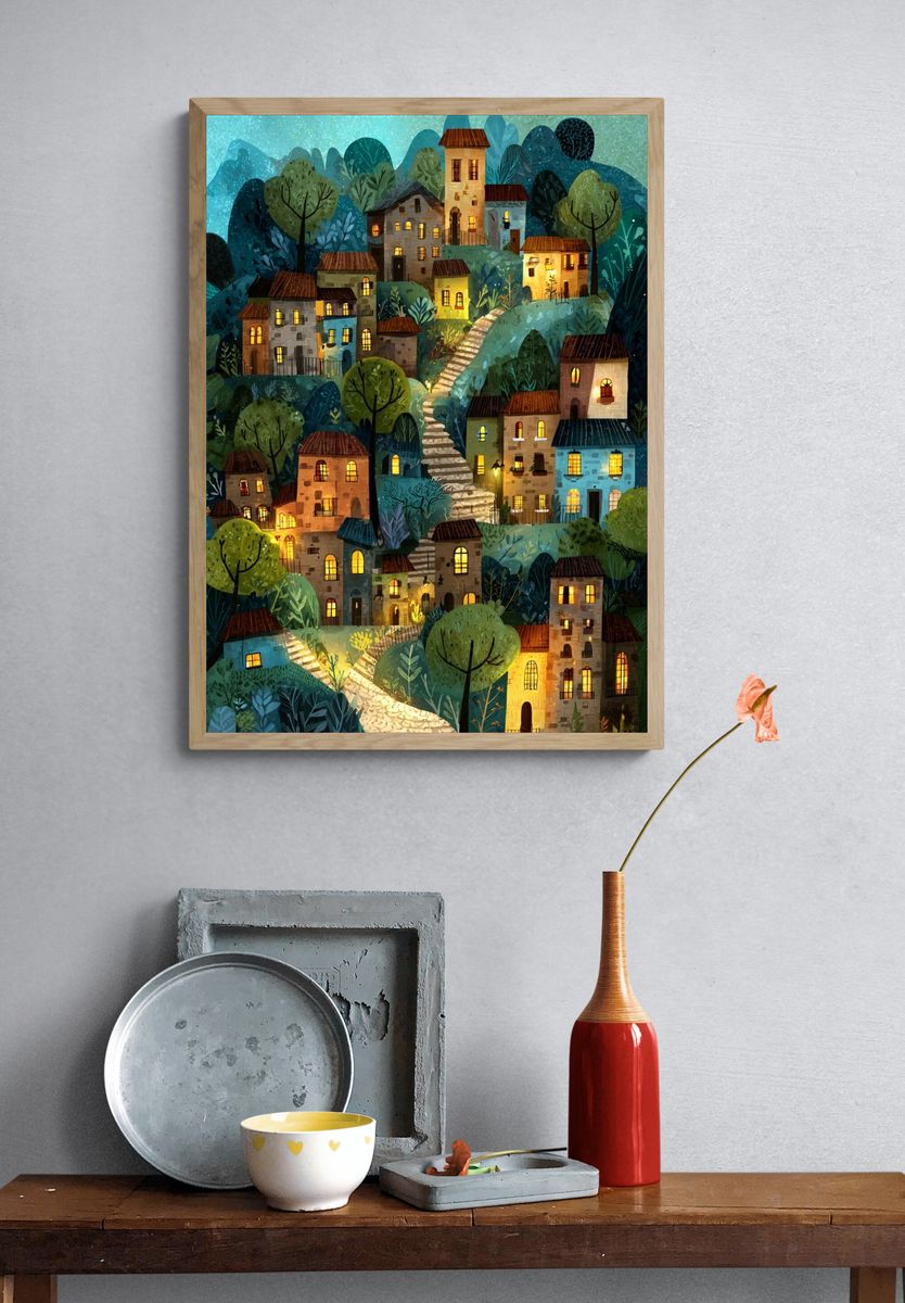 Moonlit Village Hillside Illustration Poster. — room view 3