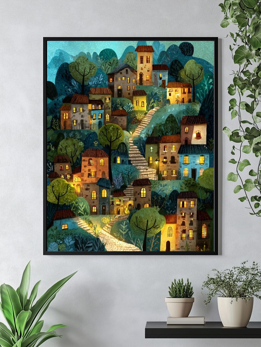 Moonlit Village Hillside Illustration Poster. — room view 4