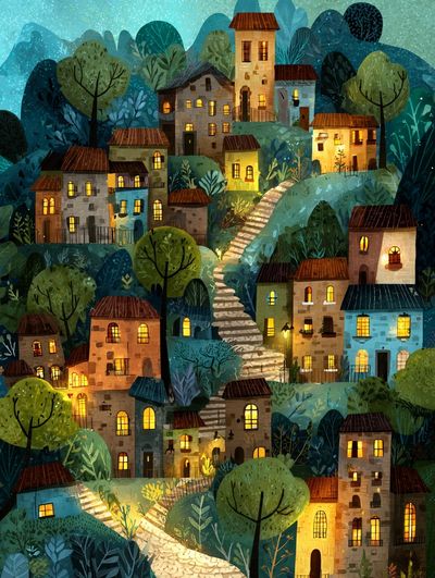 Moonlit Village Hillside Illustration Poster. poster print