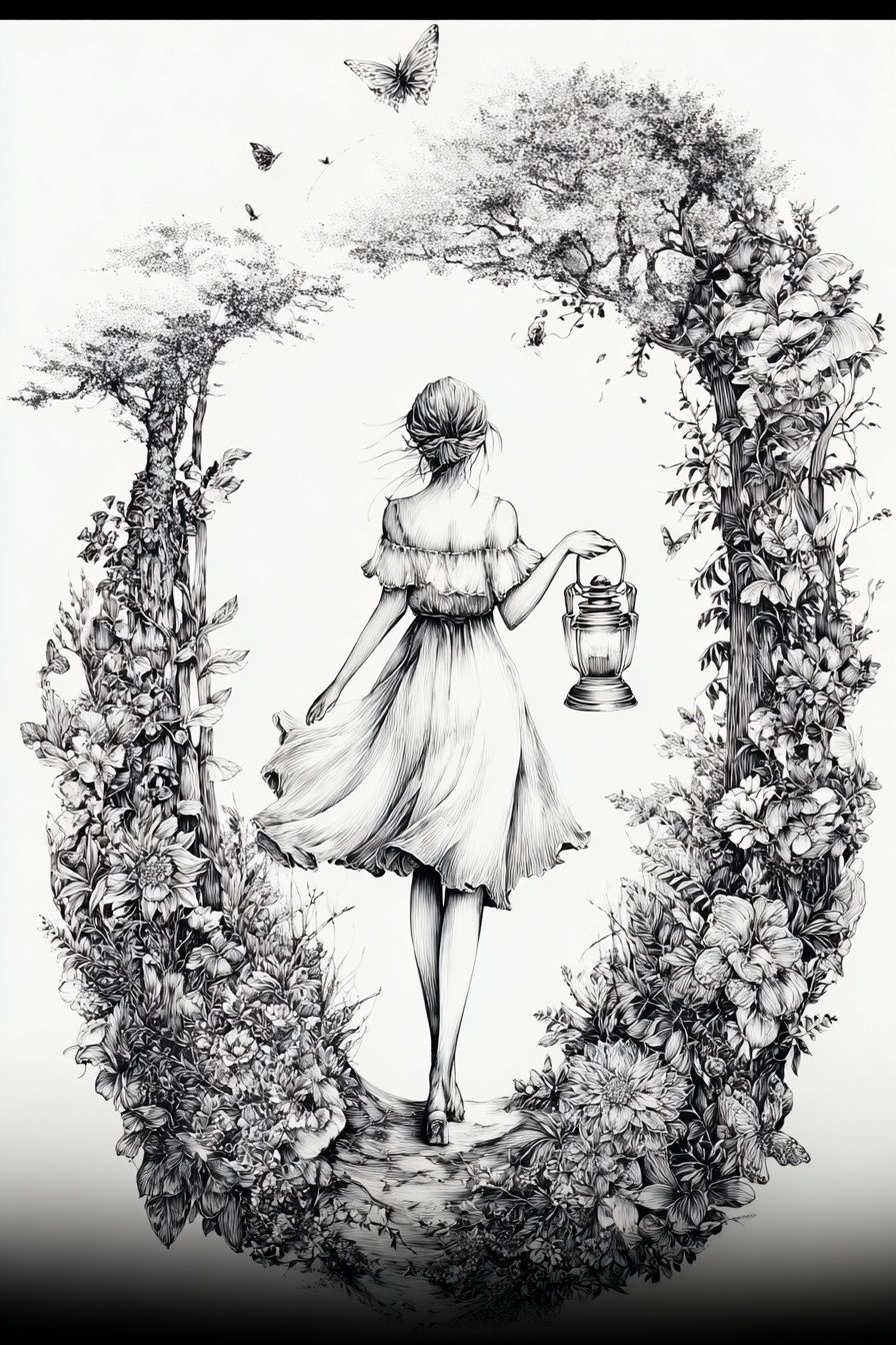 Floral Lantern Girl Illustration Print. poster detail