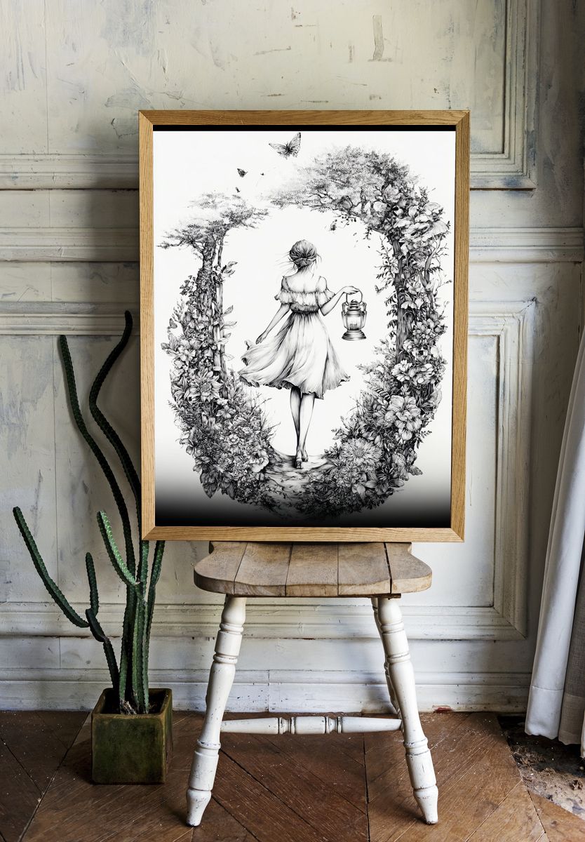 Floral Lantern Girl Illustration Print. — room view 1
