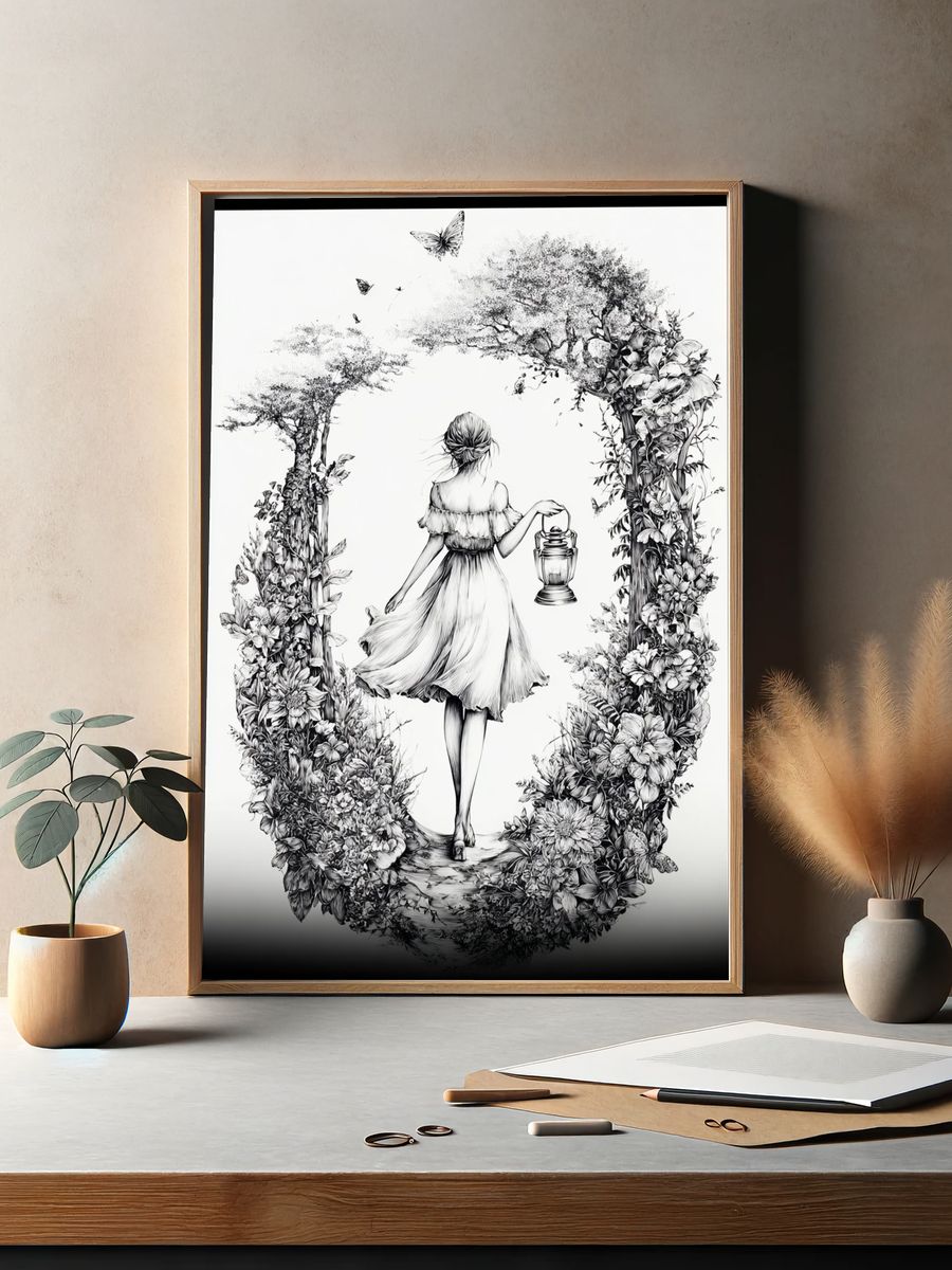 Floral Lantern Girl Illustration Print. — room view 2