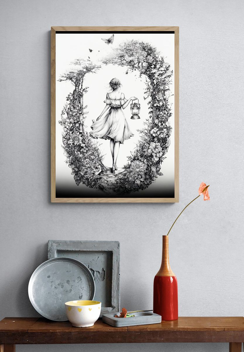 Floral Lantern Girl Illustration Print. — room view 3