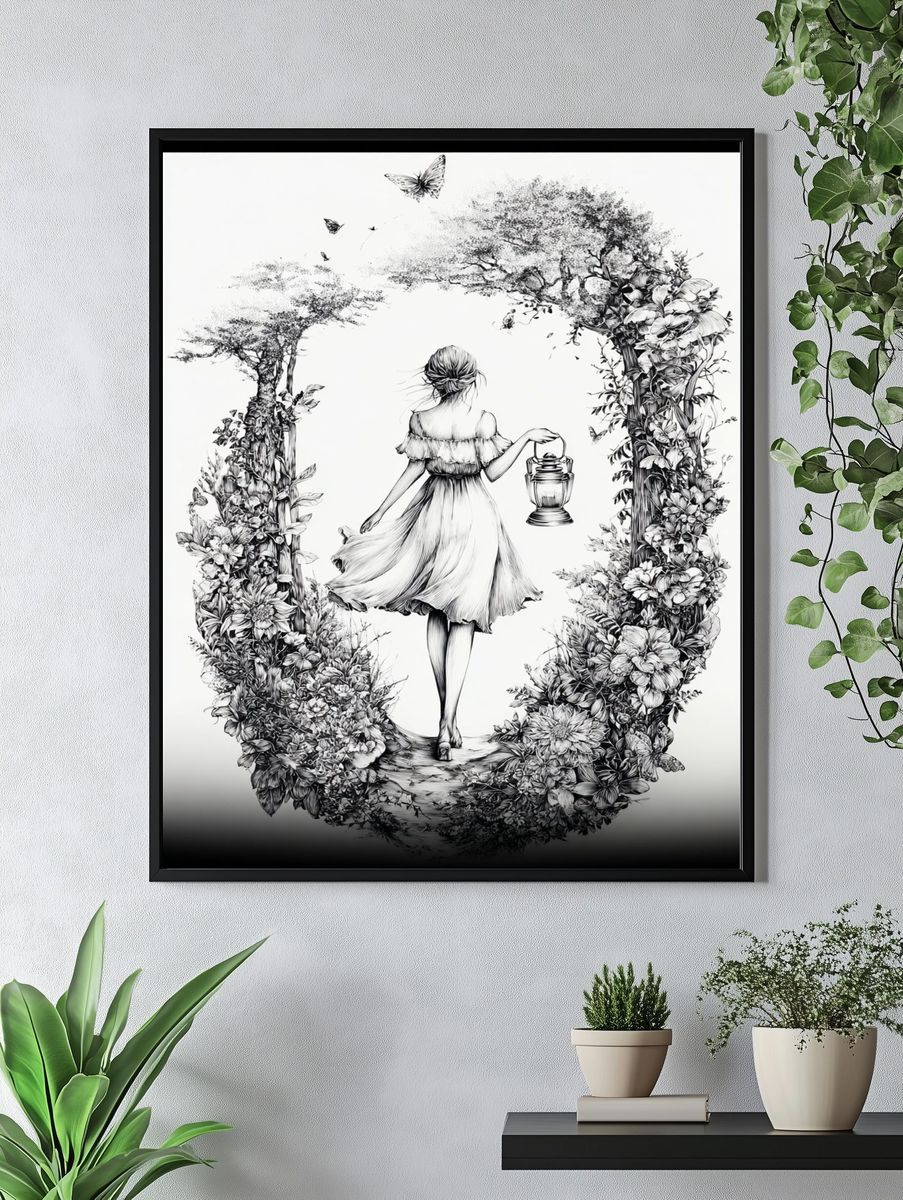 Floral Lantern Girl Illustration Print. — room view 4