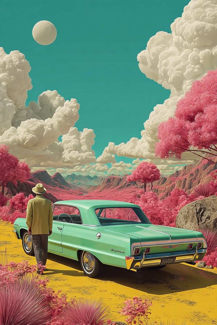 Retro Desert Car Illustration Poster. poster detail