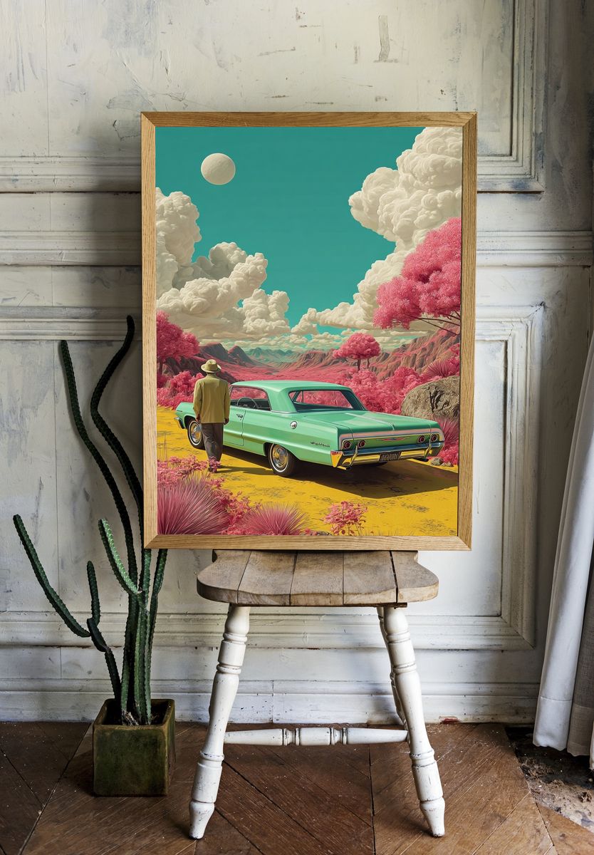 Retro Desert Car Illustration Poster. — room view 1