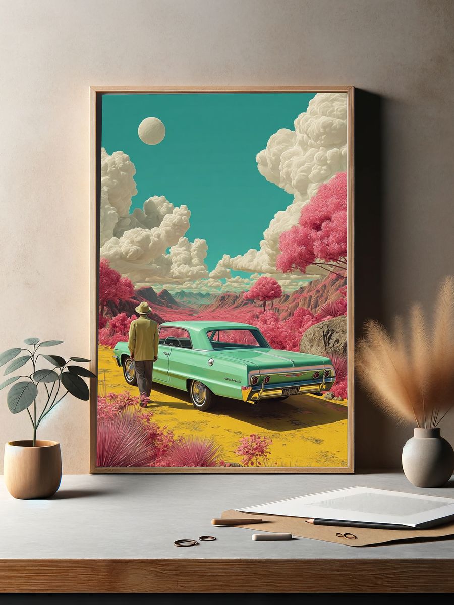 Retro Desert Car Illustration Poster. — room view 2